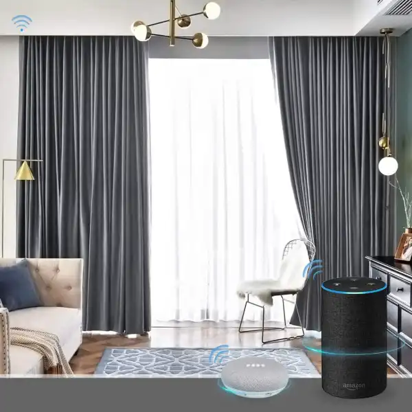 smart motorized blackout curtains in a modern living room