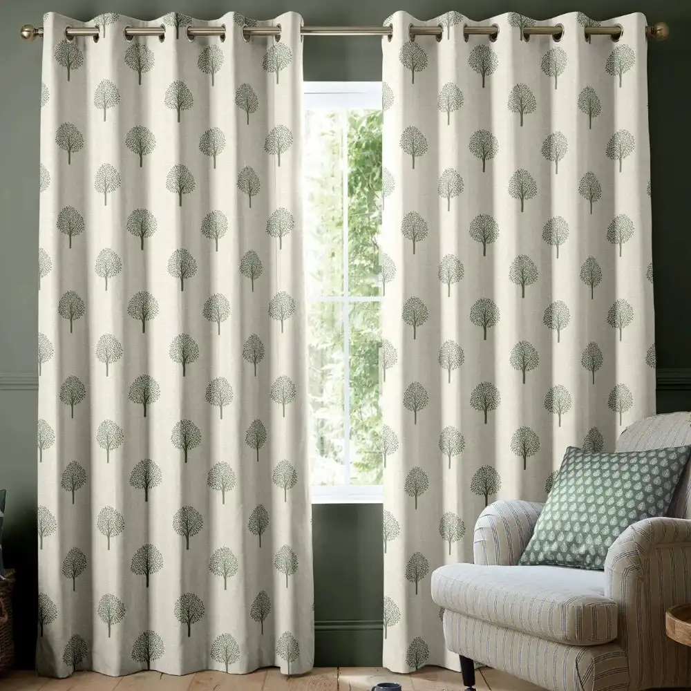 Cream Tree Print Eyelet Living Room Curtains