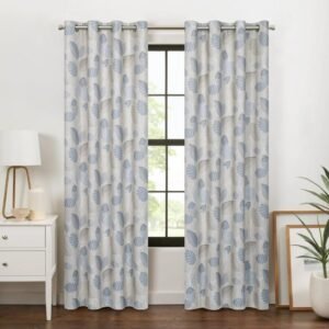 Blue Leaf Pattern Linen Window Curtains