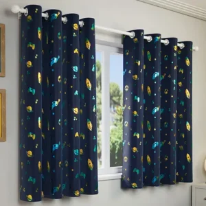 Blue Metallic Print Kids Thermal Darkening Eyelet Curtains