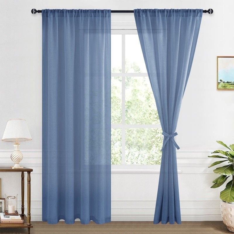 Sky Blue Semi-Sheer Linen Window Curtains