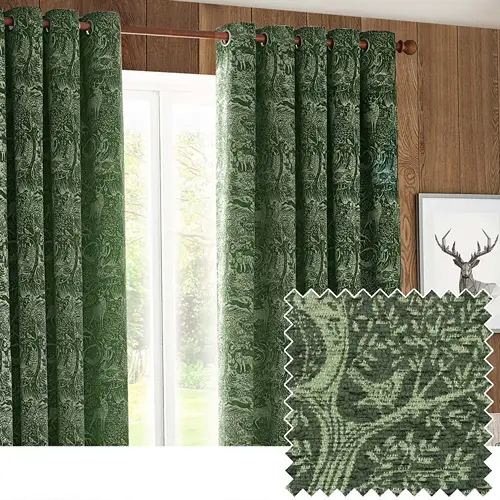 Winter Woods Emerald Animal Chenille Eyelet Curtains 1